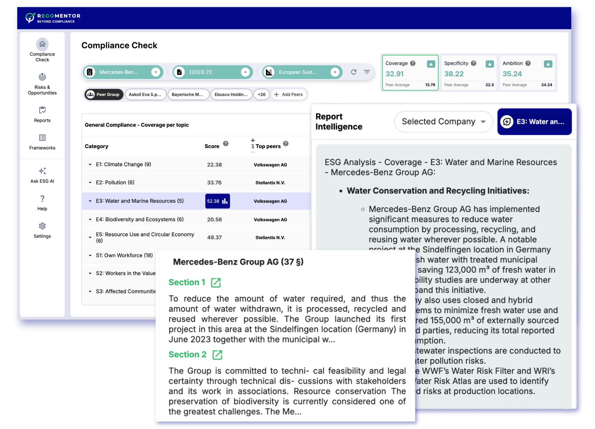 This screenshot shows how the Recomentor platform maps stakeholders to topics and activities.
